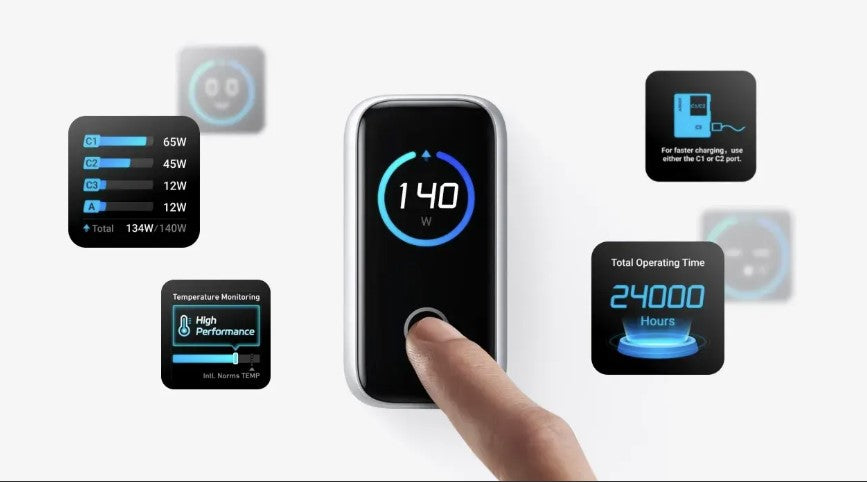 شاحن Anker GaN / مع 3 منافذ Type-C + منفذ USB واحد / 140 واط / كابل Type-C / شاشة مدمجة