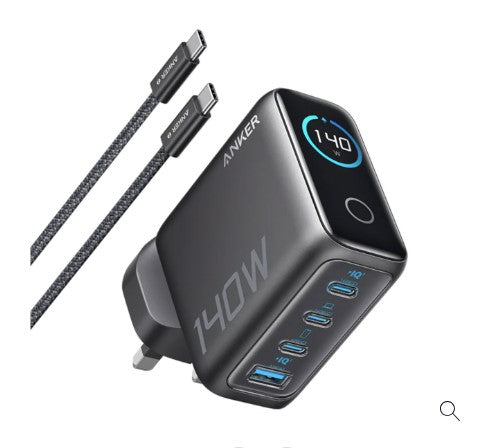 شاحن Anker GaN / مع 3 منافذ Type-C + منفذ USB واحد / 140 واط / كابل Type-C / شاشة مدمجة
