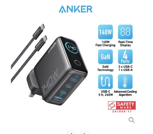 شاحن Anker GaN / مع 3 منافذ Type-C + منفذ USB واحد / 140 واط / كابل Type-C / شاشة مدمجة