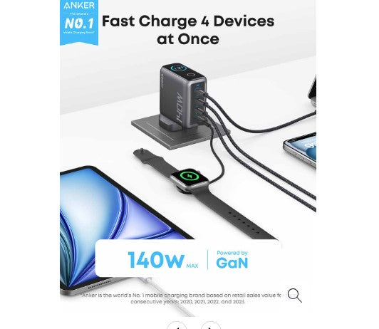 شاحن Anker GaN / مع 3 منافذ Type-C + منفذ USB واحد / 140 واط / كابل Type-C / شاشة مدمجة