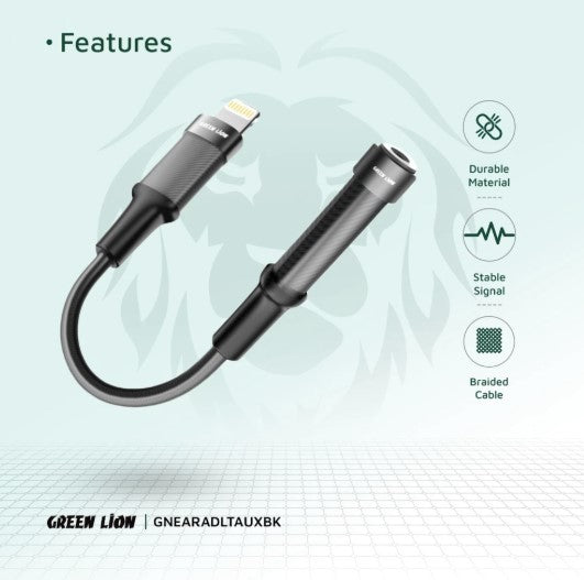 محول سماعة أذن Green Lion من Lightning إلى 3.5 Aux 12CM - أسود