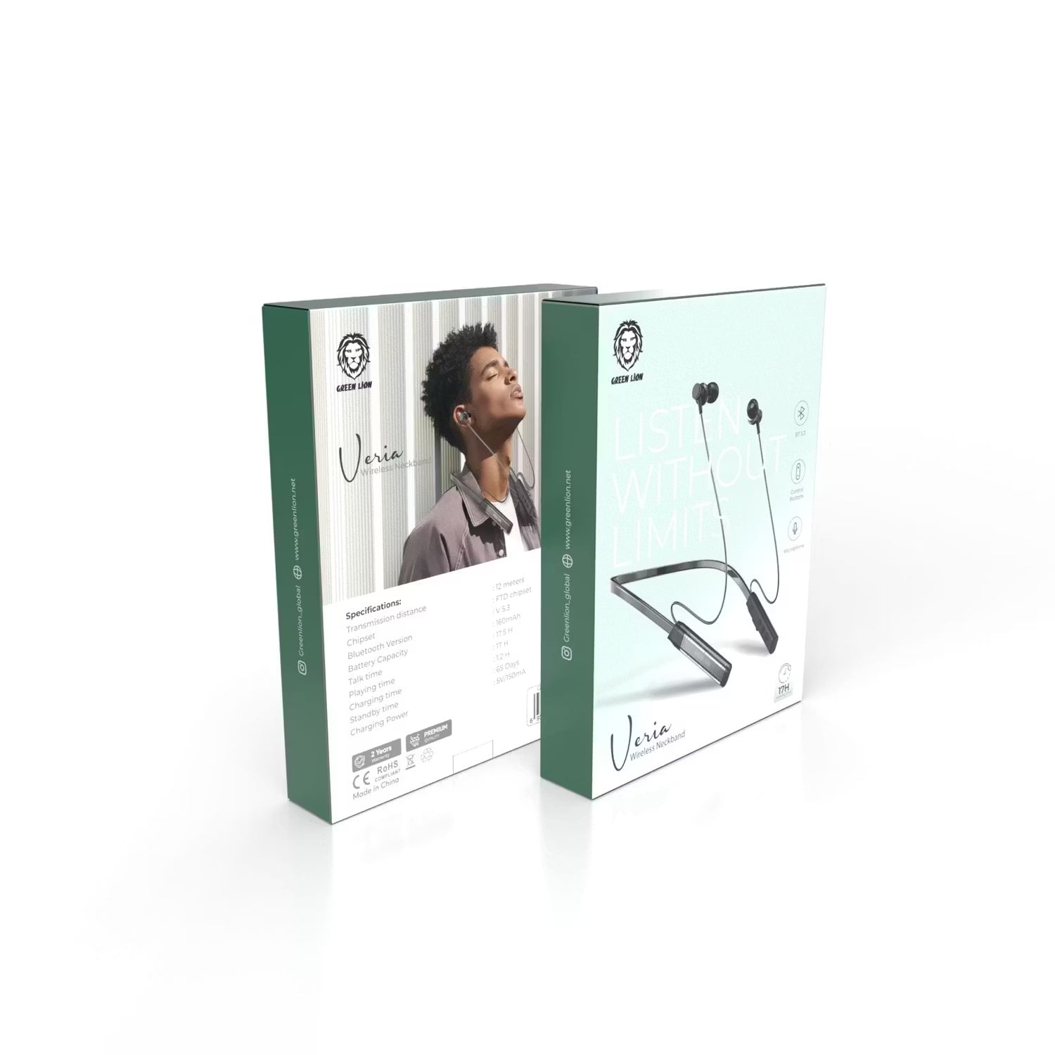 سماعات أذن لاسلكية Green Lion Veria حول الرقبة مع أزرار تحكم، وقت تشغيل يصل إلى 17 ساعة ووقت تحدث يصل إلى 17.5 ساعة، وضع استعداد لمدة 65 يومًا، شريحة FTD، ميكروفون مدمج، نطاق نقل 12 مترًا - أسود